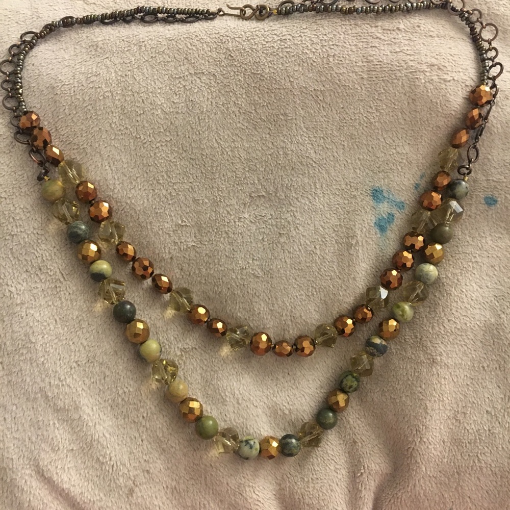 Glass Bead & Chain Double Strand Necklace